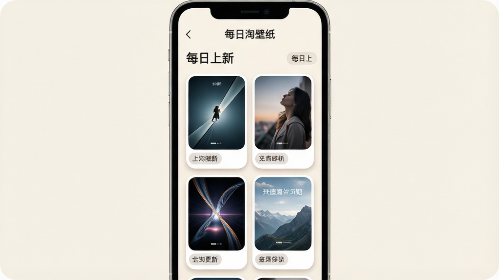 一张展示壁纸每日更新推荐界面的图片,画面为手机屏幕,屏幕内显示“每日淘壁纸”的今日推荐页面,顶部有日期标识和“每日上新”字样,中间以卡片形式展示多张新上架的高清壁纸,每张卡片带有缩略图和简短标题标签。布局为竖向滚动式,风格为柔和圆角卡片风,细节上卡片有轻微阴影,背景为浅色,画质高清,干净,无多余元素。