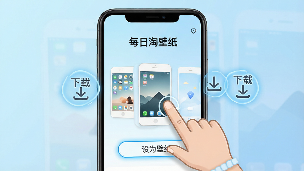 一张展示手机壁纸应用使用教程的图片,画面为手机屏幕特写,屏幕内显示“每日淘壁纸”的操作引导页面,页面上有手指点击壁纸缩略图的示意,旁边有“下载”“设为壁纸”按钮的高亮标注。布局为竖向排版,风格为清新浅色,细节上手指图标清晰,按钮有高亮边框,背景为浅蓝色渐变,画质高清,干净,无多余元素。