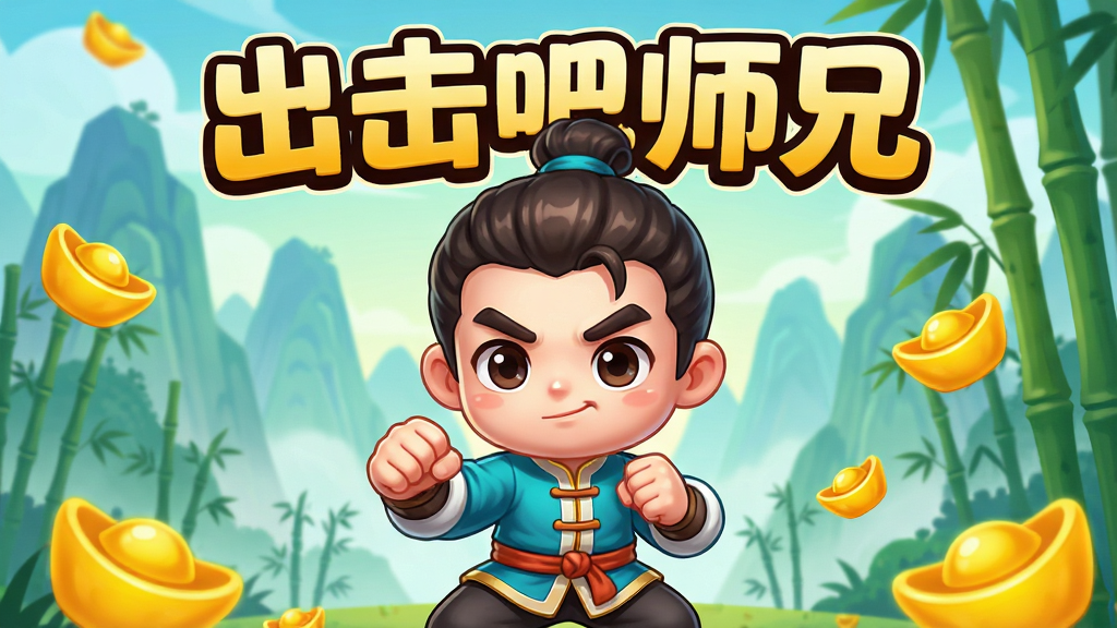 画面中央展示一位身穿国风短打服饰的Q版小师兄,双手握拳摆出战斗姿态,背景是层叠的远山与竹林,画面四周散落金币与元宝图标,顶部居中用粗体字写“出击吧师兄”,整体采用明亮鲜艳的卡通渲染风格,构图饱满,细节干净,无多余杂乱元素,高清画质