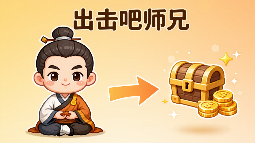 画面左侧是一位正在打坐的Q版师兄,右侧悬浮着宝箱与金币堆叠的图标,中间用箭头连接表示离线收益自动累积,背景是简洁的渐变暖色调,整体风格清新明快,顶部写“出击吧师兄”文字,排版居中,无多余装饰,画质清晰