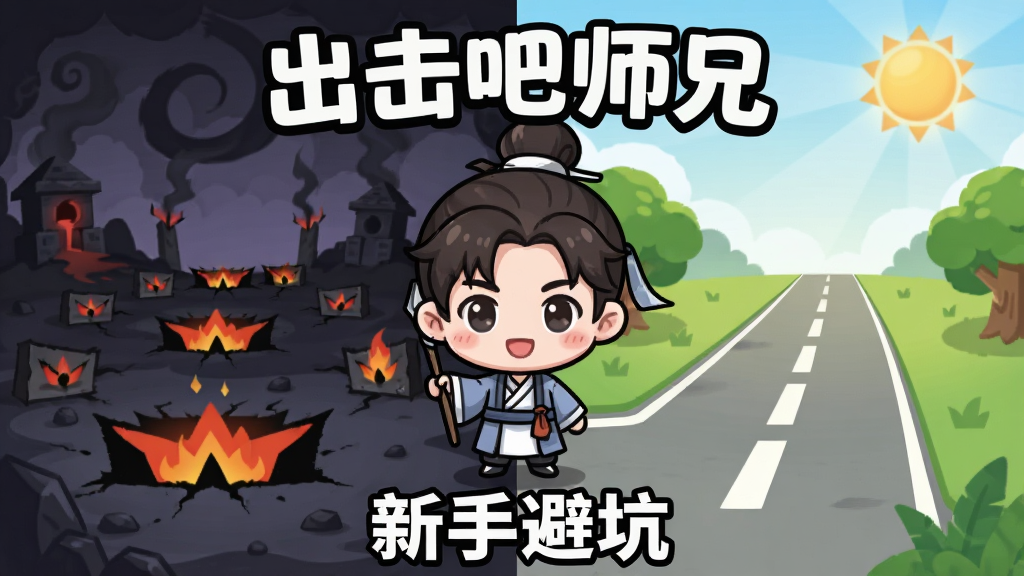 画面展示一位Q版小师兄站在岔路口,左侧是布满陷阱的暗色区域,右侧是阳光明媚的平坦道路,顶部写“出击吧师兄”,底部有“新手避坑”字样,整体风格简洁卡通,构图左右对比鲜明,细节清晰无杂乱元素,高清画质