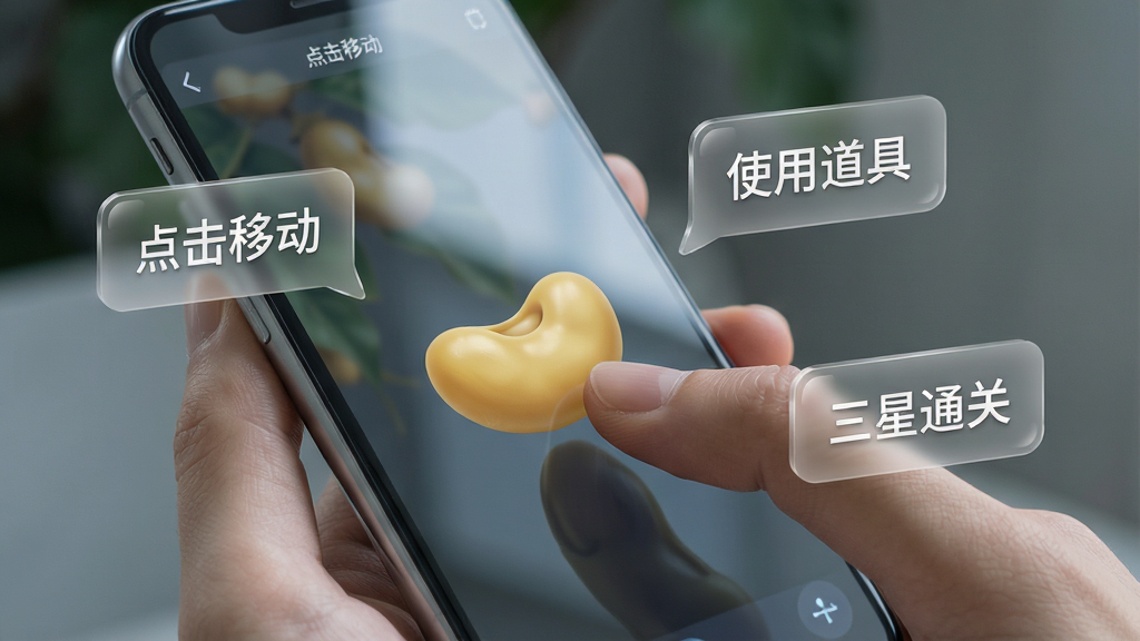 一幅展示金豆荚移动端操作技巧的示意图,画面中一只手拿着手机,拇指正在点击屏幕上的豆荚,手机屏幕旁边漂浮着几个半透明的提示气泡,分别写着“点击移动”“使用道具”“三星通关”。布局采用人物手部特写加界面叠加排版,风格为写实科技风,细节上手机屏幕有轻微反光,画质高清,画面干净,无多余元素。