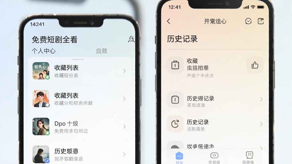 手机应用界面,展示免费短剧全看多个人中心页面,包含收藏列表和历史记录,界面布局清晰,图标简约,色调柔和,画质高清,干净整洁