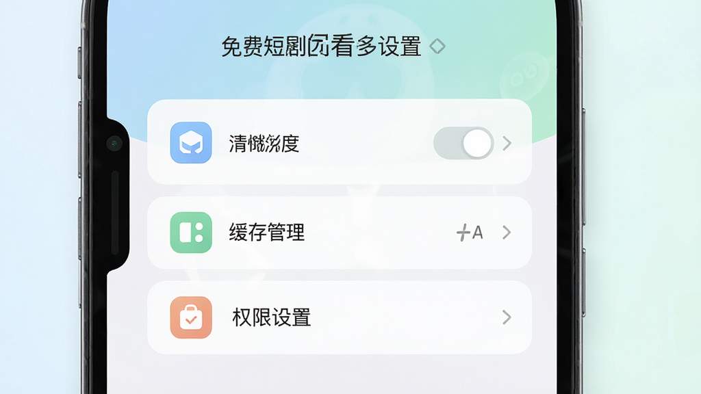 手机屏幕展示免费短剧全看多设置页面,包含清晰度切换、缓存管理、权限设置等选项,界面简洁,图标清晰,色调柔和,画质高清,干净无多余元素