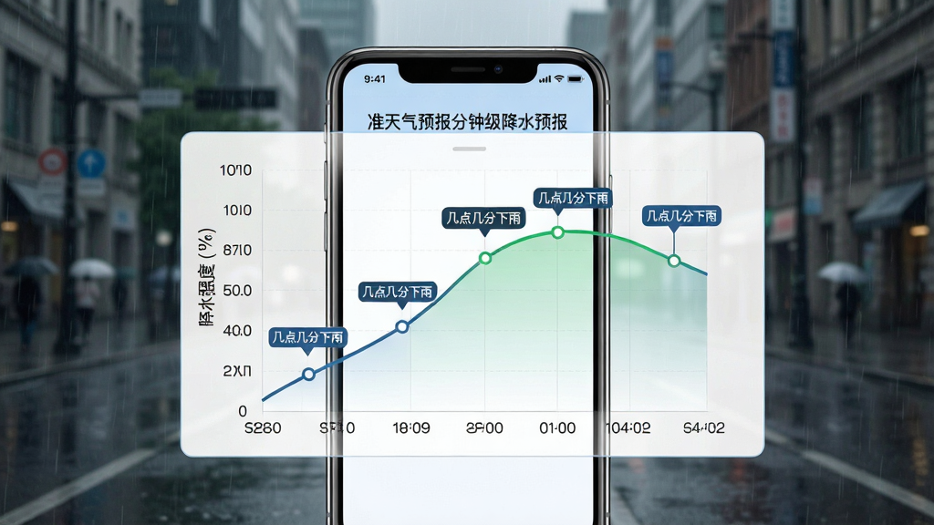一张展示准时天气预报分钟级降水预报功能的图片,画面主体是一个手机界面,界面中央是曲线图,横轴代表时间,纵轴代表降水强度,曲线上标注着“几点几分下雨”的节点,背景是阴雨天气的城市街景,风格写实,细节清晰,画质高清,干净无多余元素。