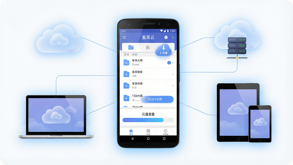 一张展示紫菜云软件核心全貌的横版宣传图,画面中央放置一部安卓手机,手机屏幕显示紫菜云应用主界面,界面中包含文件列表、上传按钮和云盘容量条,手机周围环绕着笔记本电脑、平板电脑与云端服务器图标,用细线连接表示多端同步,整体布局左右均衡,排版清晰,风格为简洁科技感,细节上加入柔和的蓝色光晕与半透明云朵元素,画质高清,干净,无多余元素