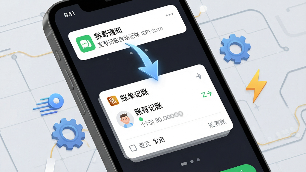 猴哥记账自动记账功能演示界面,手机屏幕显示一条支付通知被自动转化为账单记录,画面中有箭头从通知栏指向记账卡片,周围环绕齿轮和闪电图标代表智能与速度,背景为淡灰色科技感网格,风格扁平化UI设计,细节清晰,画质干净,无多余元素,高清渲染