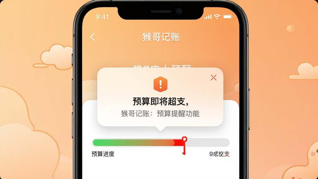 猴哥记账预算提醒功能界面,手机屏幕显示预算进度条已接近红色警戒线,弹出提醒窗口写着预算即将超支,背景为柔和橙色渐变,风格温馨警示感,细节清晰,画质干净,无多余元素,高清渲染