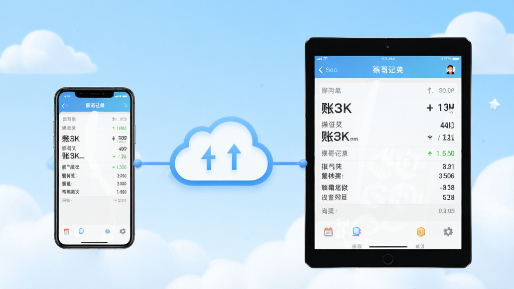 猴哥记账云端同步功能示意图,画面中一部手机与一台平板电脑通过云朵图标连接,两端屏幕均显示相同的账单数据,背景为浅蓝色天空与白云,风格简洁明快科技感,细节清晰,画质干净,无多余元素,高清渲染