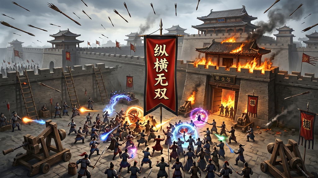 一幅大型攻城战场景图,主体为数百名玩家角色在城墙下混战,背景是巍峨的古代王城与漫天箭雨,画面中央用红色旗帜标注“纵横无双”帮派战,布局为全景俯视视角,排版为史诗战争海报风格,风格为东方玄幻武侠,细节包括云梯、投石车、燃烧的城门、技能光效满天飞,画质高清、干净、无多余元素