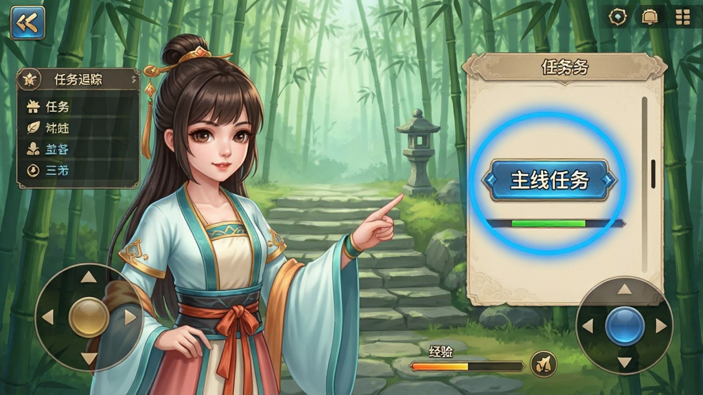 一幅手机游戏新手引导界面图,主体为一位古装少女NPC手指向屏幕右侧的任务栏,背景是竹林与石阶,画面中用蓝色圆圈高亮标注“主线任务”按钮,布局为竖版手机截图,排版简洁明了,风格为东方玄幻教学,细节包括任务追踪面板、经验条、虚拟摇杆,画质高清、干净、无多余元素