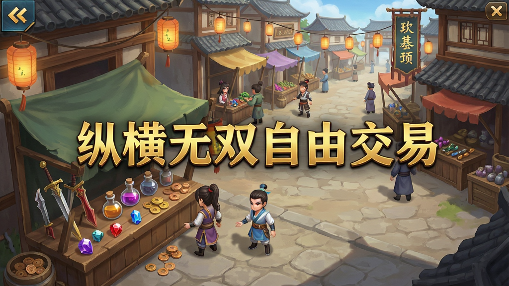 一幅游戏内交易市场场景图,主体为热闹的古代集市,玩家角色摆摊售卖装备与材料,背景是繁华的城镇街道与灯笼招牌,画面中央用金色字体写着“纵横无双自由交易”,布局为斜45度俯视,排版为游戏界面截图风格,风格为东方古风商业,细节包括摊位上的武器、药瓶、宝石、铜钱,画质高清、干净、无多余元素