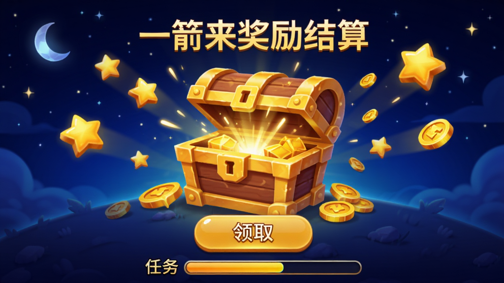 一箭来奖励结算页面,画面中央显示金色宝箱打开的特效,周围飘浮着星星和金币元素,背景为深蓝色夜空,界面下方有领取按钮和任务进度条,整体风格喜庆热闹,画质明亮清晰,无杂乱元素