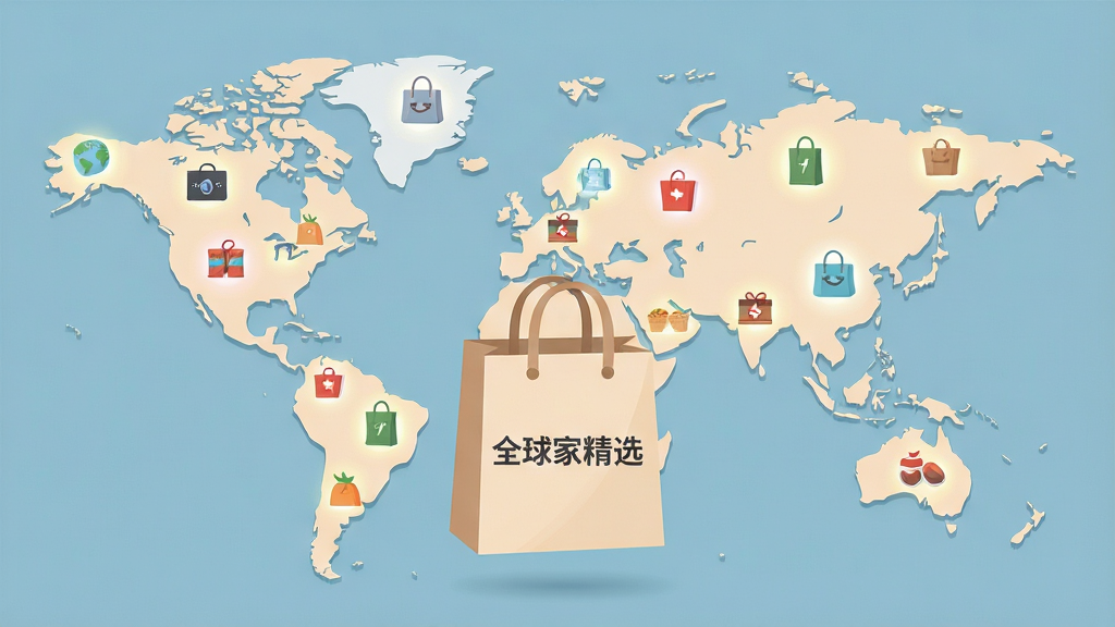 一张展示全球商品精选概念的插画,画面主体是一张世界地图,地图上分布着多个发光的小图标,每个图标代表不同品类的商品,地图前方悬浮着一个购物袋,购物袋上写有“全球家精选”字样,布局居中,风格扁平化插画,色彩柔和,细节丰富,画质高清,干净,无多余元素
