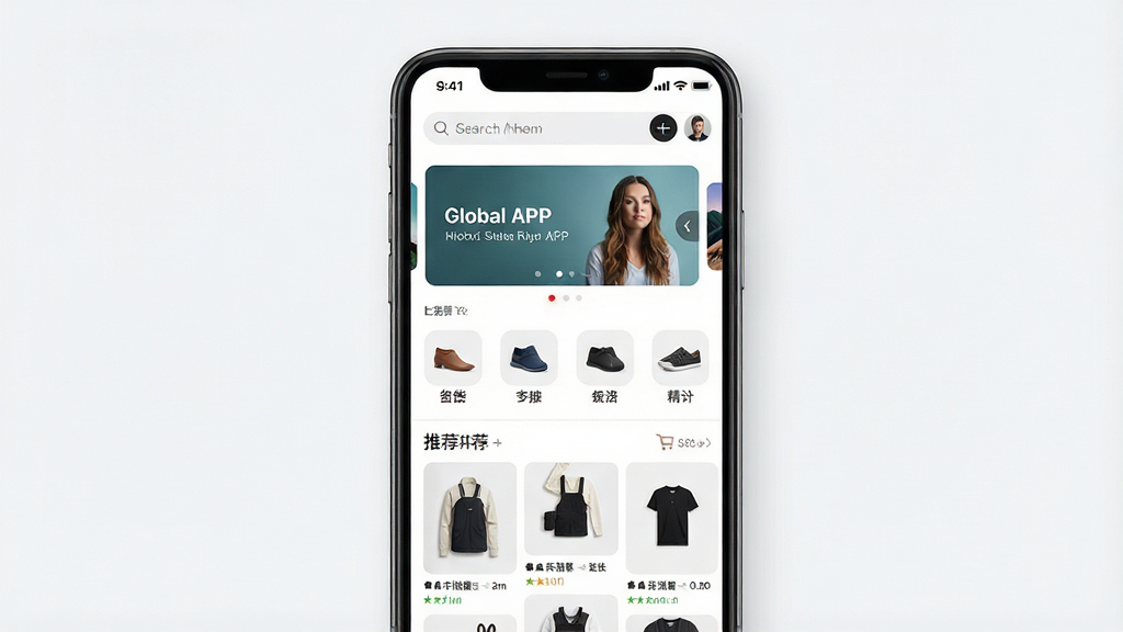 一张手机购物应用界面展示图,画面中央是一部竖屏智能手机,屏幕内显示全球家精选APP首页,顶部有搜索框和轮播图,中部为商品分类图标,底部为商品推荐瀑布流,背景为浅灰白色,整体布局干净整洁,风格现代简约,细节清晰,画质高清,干净,无多余元素