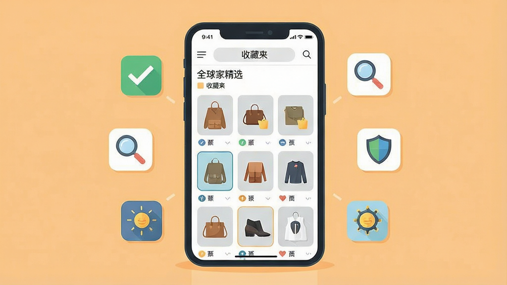 一张手机购物应用使用技巧示意图,画面中央是一部手机,屏幕显示全球家精选的收藏夹分组界面,手机周围环绕着勾选、放大镜、盾牌等小图标,背景为浅橙色,布局居中,风格扁平插画,细节清晰,画质高清,干净,无多余元素