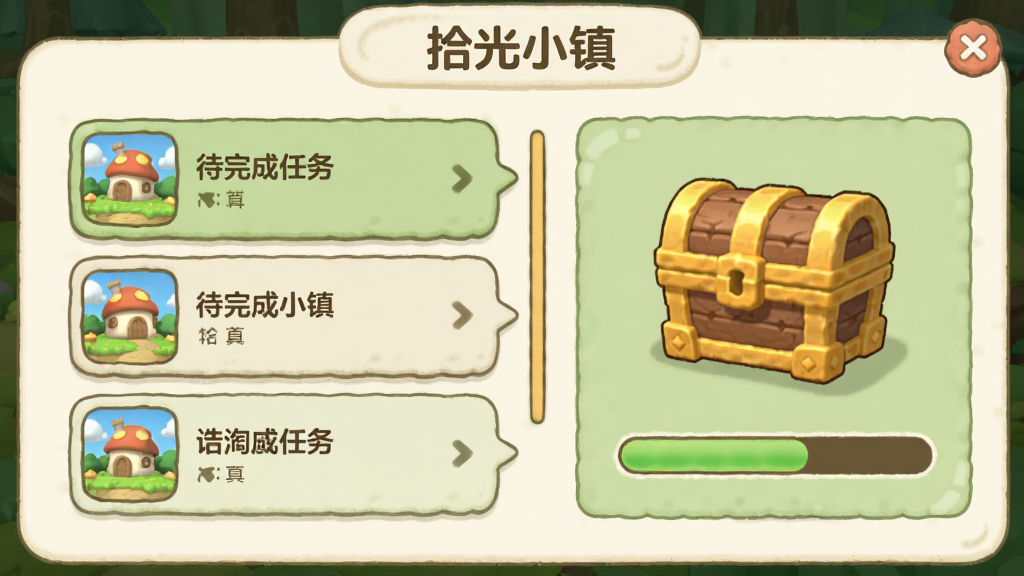 拾光小镇 任务面板界面图,画面左侧列出三个待完成任务,右侧显示奖励宝箱和进度条,界面风格卡通简洁,配色以米白和浅绿为主,无多余装饰,高清画质