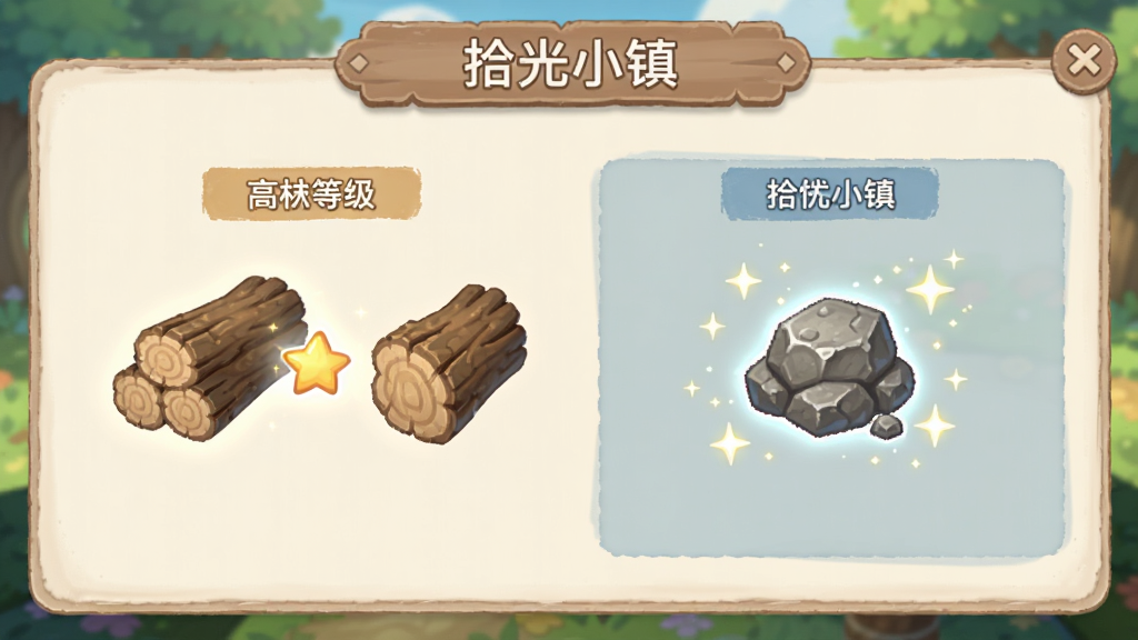 拾光小镇 合成操作界面预览图,画面展示两个相同等级的木材合并后变成石料,周围有星星点点的光效,界面简洁,色彩柔和,无文字干扰,高清画质