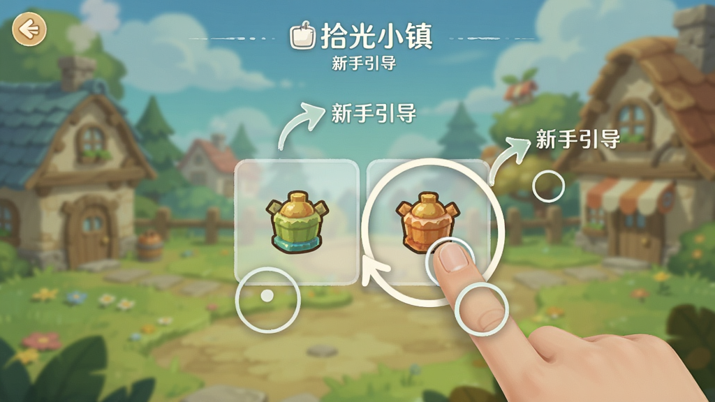 拾光小镇 新手引导界面预览图,画面展示手指拖拽两个相同物品合并的示意,旁边有箭头和圆圈标注,界面干净无杂乱文字,高清画质