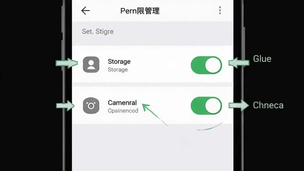 My Glue 软件安装权限设置示意图,手机屏幕显示应用权限管理页面,存储和相机权限开关为绿色开启状态,背景为浅色设置界面,风格为扁平化 UI 说明图,细节包含权限图标、文字标签和箭头指引,画质高清,画面干净无多余元素
