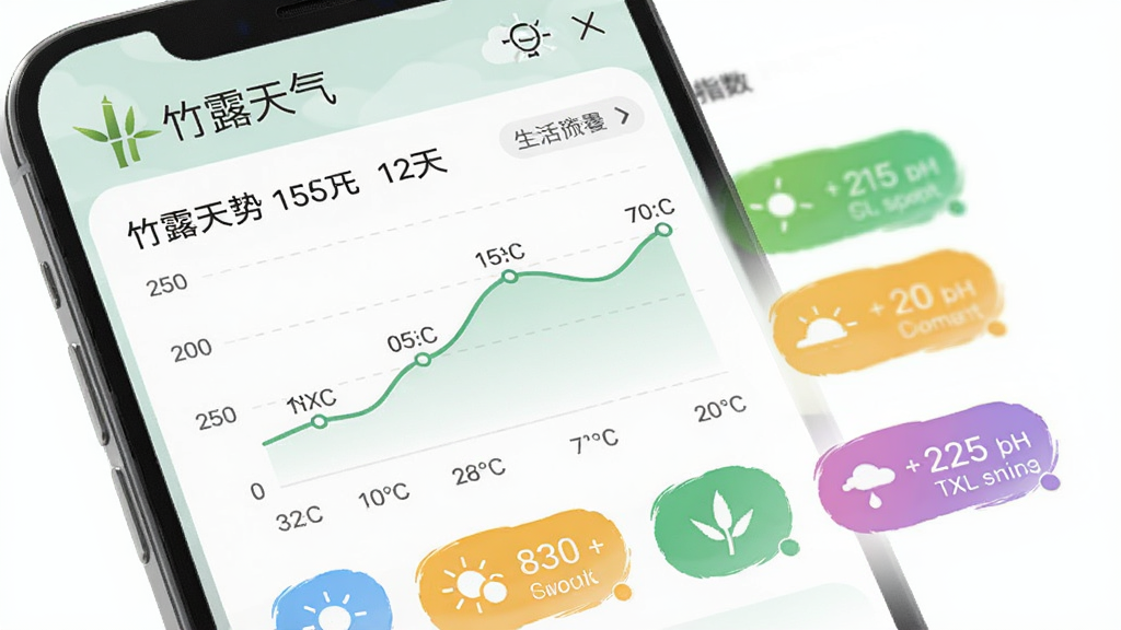 竹露天气15天趋势与生活指数页面,手机屏幕中展示温度折线图与彩色生活指数图标,界面排版整齐,风格柔和,带有“竹露天气”标识,画质清晰,干净无多余元素
