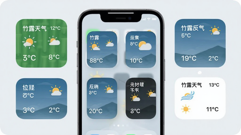竹露天气多城市管理与桌面小组件展示,手机桌面排列着不同尺寸的天气小组件,显示多个城市名称与温度,背景为简洁壁纸,风格现代,画质清晰,干净无多余元素