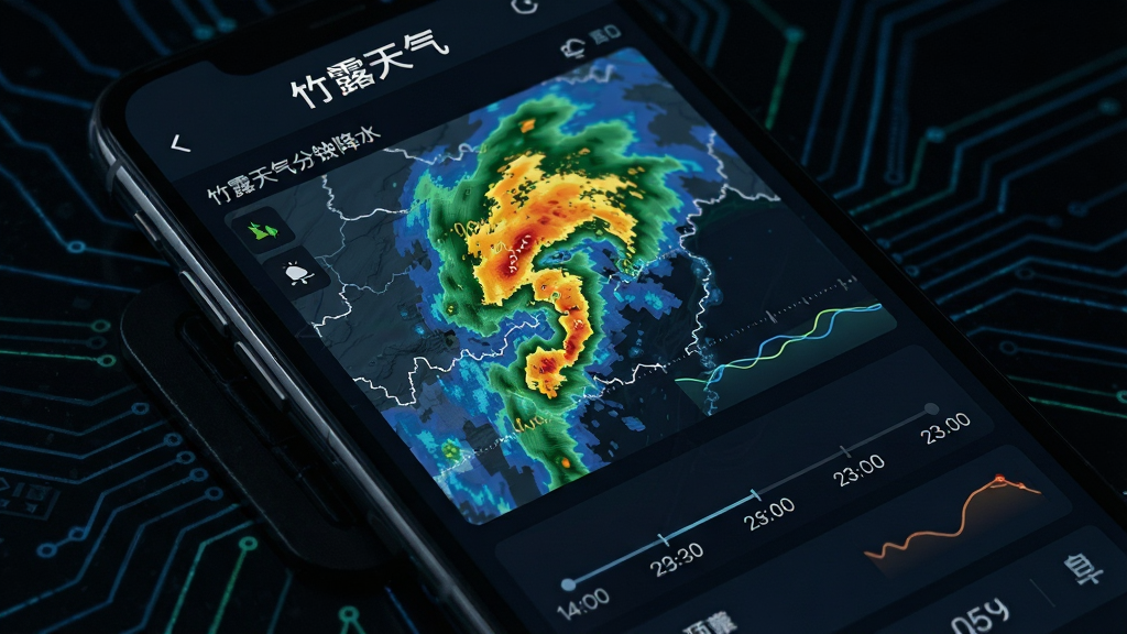 竹露天气分钟级降水预报界面特写,手机屏幕显示雷达回波图与时间轴,界面带有“竹露天气”字样,背景为深色科技感风格,数据线条清晰,画质细腻,干净无多余元素