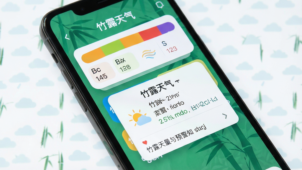 竹露天气空气质量与预警通知界面,手机屏幕显示空气质量指数色带与预警弹窗,界面设计清爽,带有“竹露天气”文字,画质清晰,干净无多余元素