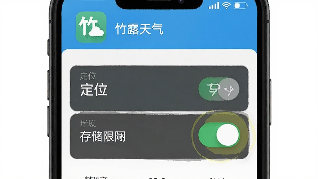 竹露天气安装权限设置示意图,手机屏幕显示权限管理页面,重点标注定位与存储权限开关,界面清晰,带有“竹露天气”图标,画质干净,无多余元素