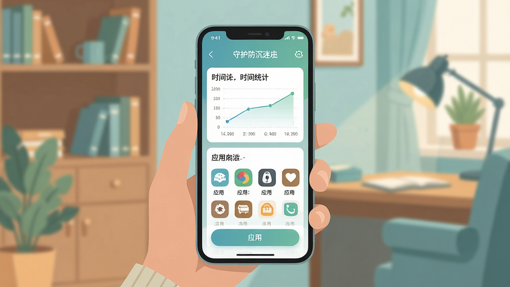 一张展示家长用手机管理孩子设备使用时间的场景图,画面中央是一部智能手机屏幕显示守护防沉迷应用界面,界面中有时间统计图表和应用图标列表,背景是温馨的家庭书房环境,布局采用中心构图,风格为现代扁平化科技风,细节包含柔和的蓝绿色调、清晰的数据图表和简洁的按钮,画质高清干净无多余元素