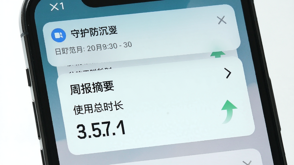 守护防沉迷使用报告推送界面,画面展示手机通知栏弹出周报摘要,布局为顶部通知卡片式,风格为清新浅色信息卡片设计,细节包括日期范围、使用总时长数字和趋势箭头,画质清晰干净无多余元素