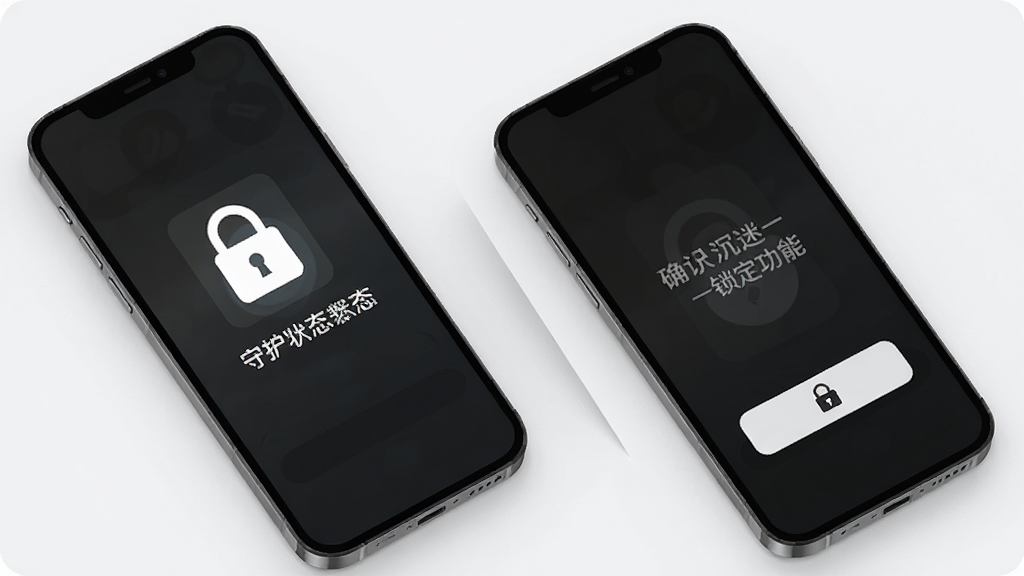 守护防沉迷一键锁定功能展示,画面中一部手机屏幕显示锁定状态图标,另一部手机显示解锁按钮,布局为对角线构图,风格为简洁明快的工具类应用界面,细节包含醒目的锁形图标和确认提示,画质高清干净无多余元素