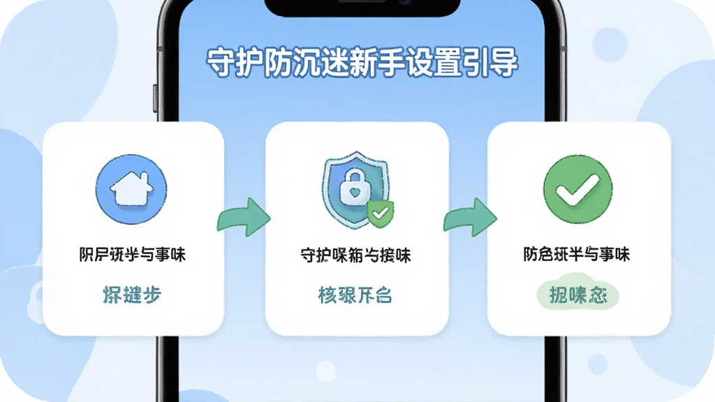 守护防沉迷新手设置引导页面,画面展示手机屏幕上的权限开启步骤图解,布局为分步卡片式,风格为友好亲切的插画风格,细节包括权限图标、勾选标记和箭头指示,画质高清干净无多余元素