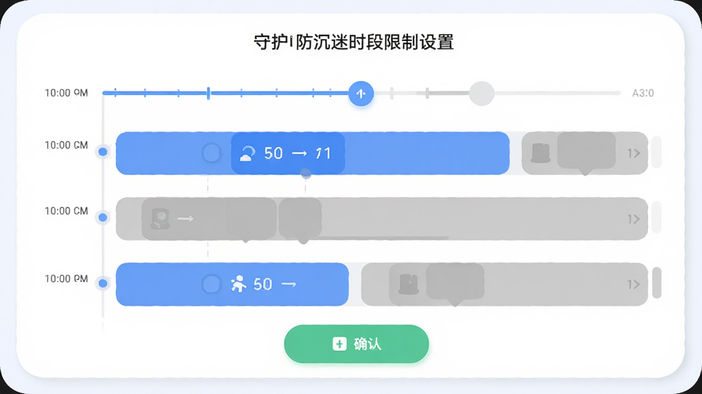 守护防沉迷时段限制设置界面,画面展示时间轴和可拖拽的时间段选择器,布局为纵向时间轴设计,风格为柔和圆角卡片式界面,细节包括蓝色可选时段、灰色禁用时段和确认按钮,画质清晰干净无多余元素