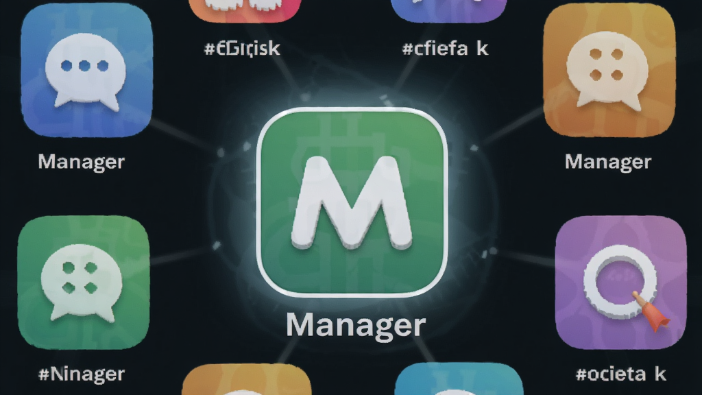 一张展示 Manager 软件与其他同类管理工具对比的概念图,画面中央为 Manager 应用图标,周围环绕着多个不同颜色的应用图标,图标下方有简短的文字标签,布局为圆形环绕式,风格为扁平化信息图,细节上突出 Manager 图标的高亮显示和周围图标的半透明效果,画质清晰干净,无多余元素