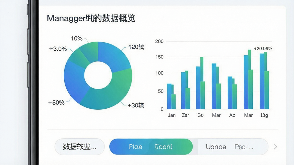 一张展示 Manager 软件数据统计面板的界面示意图,画面主体为手机屏幕,屏幕上显示饼状图和柱状图,图表标题为