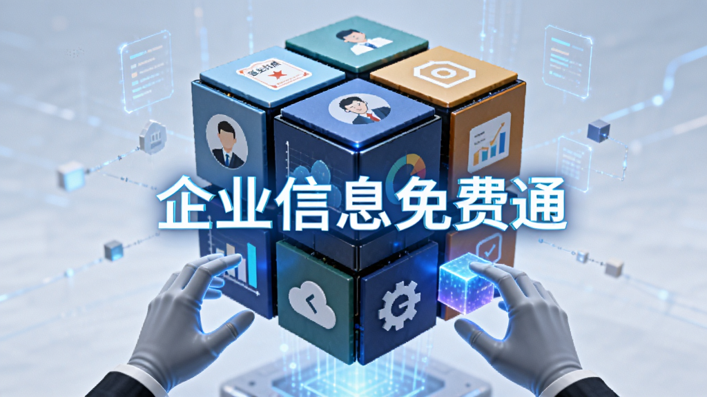 AI生图,主体是一个巨大的数据魔方悬浮在空中,魔方每一面都显示着不同的企业信息图标,如营业执照、人员头像、图表等,下方有一双虚拟的手正在整理这些数据块,画面中央用发光字体写着“企业信息免费通”,布局居中,风格为未来科技感,细节丰富,画质4K,干净无多余元素