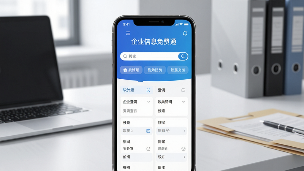 软件核心全貌展示图,画面中央是一部智能手机,屏幕显示“企业信息免费通”软件主界面,界面布局包含搜索框与分类查询入口,背景是简洁的现代商务办公桌,桌面整洁,有笔记本电脑和文件夹,风格为写实科技风,细节清晰,画质高清,干净无多余元素