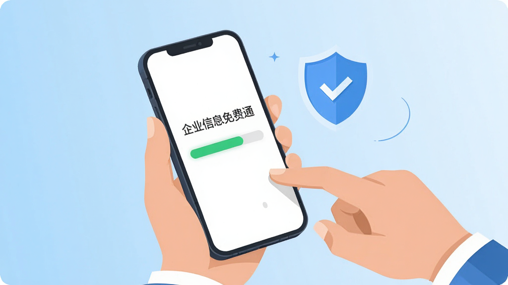 AI生图,画面主体是一双手正在操作手机,手机屏幕显示“企业信息免费通”的安装进度条,旁边有盾牌图标代表安全防护,背景是干净的浅蓝色渐变,布局简洁明了,风格为扁平化插画,细节清晰,画质高清,干净无多余元素