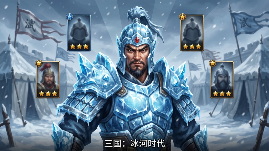 三国冰河时代武将招募界面风格图,画面中央为一位身披冰晶铠甲的古代武将半身像,背景为冰雪覆盖的军营与飘扬的旗帜,武将周围环绕着卡牌框与星级图标,画面下方有“三国:冰河时代”小字标识,布局为居中放射式,风格为游戏卡牌立绘,细节包括铠甲冰霜质感、眼神坚毅、背景飘雪,画质超清,干净无杂乱元素