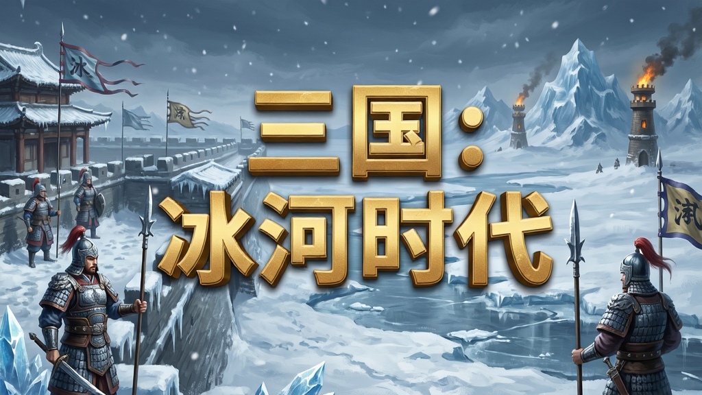 一款以三国冰河时代为主题的手机游戏宣传图,画面主体为被冰雪覆盖的古代城池,城墙上有手持长矛的士兵守卫,城外是茫茫雪原与冻结的河流,远处有连绵的冰山与烽火台,天空呈现灰蓝色调并飘落雪花,画面中央悬浮着“三国:冰河时代”金色立体标题文字,布局采用中心对称构图,风格为写实厚涂CG,细节包括冰晶反光、铠甲纹路、旗帜飘动,画质4K超清,干净无多余元素
