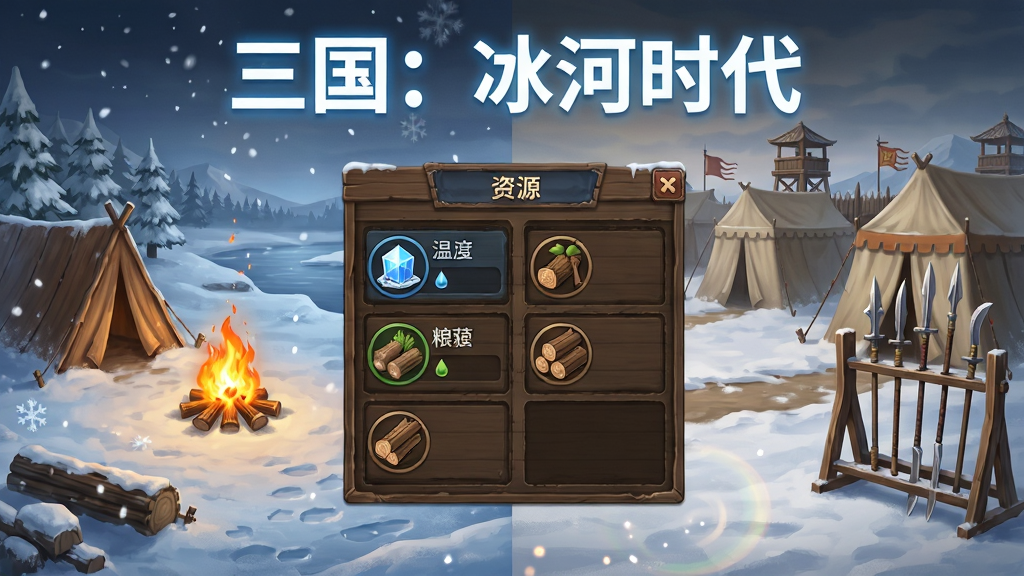 一幅展示三国冰河时代游戏核心玩法的概念图,画面左侧为冰天雪地中正在燃烧篝火的营地,右侧为古代军营与武器架,中间是游戏界面风格的资源管理面板显示温度、粮草、木材等图标,画面顶部有“三国:冰河时代”白色发光字体,布局为左右对比式,风格为游戏UI概念设计,细节包括雪花粒子、火焰光晕、木质纹理,画质高清,干净整洁
