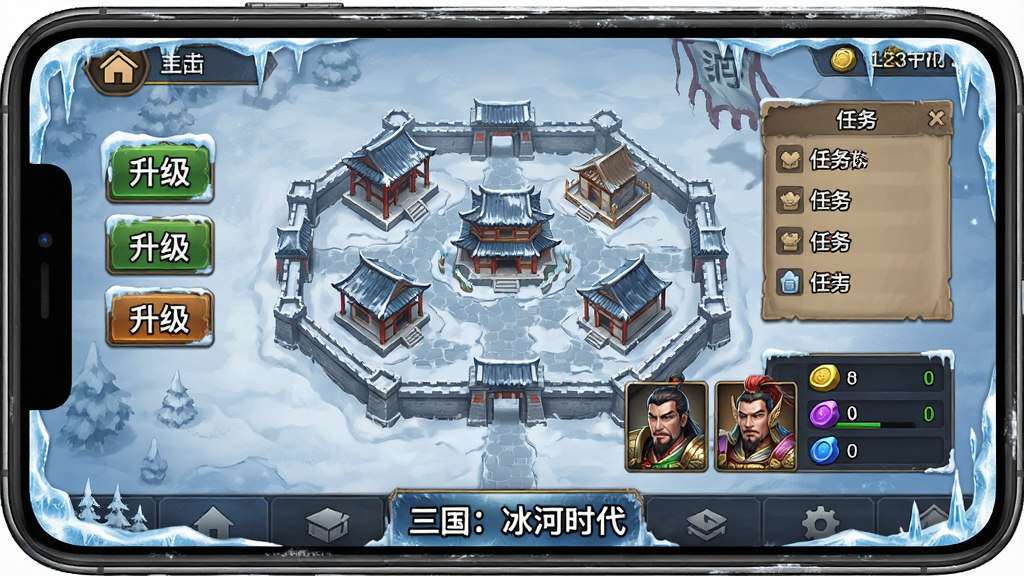 三国冰河时代新手操作界面示意图,画面展示手机屏幕中游戏主城界面,包含建筑升级按钮、任务列表、武将头像与资源栏,屏幕下方有“三国:冰河时代”导航栏,布局为手机竖屏截图风格,风格为游戏UI展示,细节包括图标清晰、文字可辨、冰雪主题边框,画质高清,干净无多余装饰