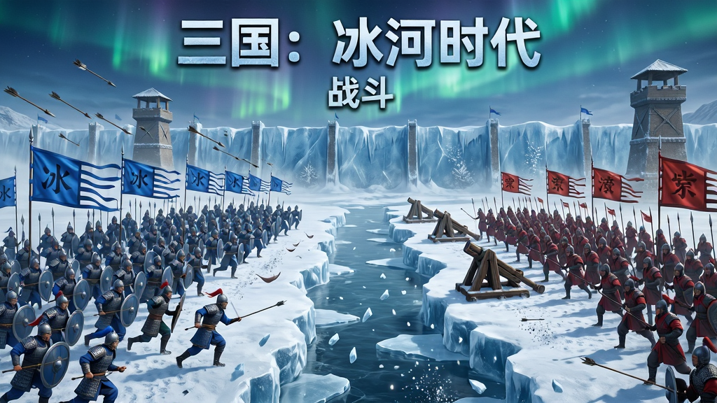 三国冰河时代联盟战场景图,画面展现冰原上两军对垒的宏大场面,左侧为蓝色旗帜的联盟军队,右侧为红色旗帜的敌军,中间是冰冻的护城河与投石车,远处有巨型冰墙与望塔,天空有极光效果,画面顶部有“三国:冰河时代”战斗标题,布局为宽幅全景,风格为史诗战争CG,细节包括士兵冲锋、箭雨、冰屑飞溅,画质4K,干净利落