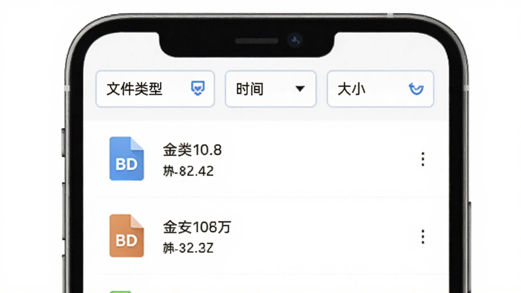 一张展示BD盟分类筛选功能的界面截图风格图片,画面中手机屏幕显示搜索结果列表,上方有筛选栏包含文件类型、时间、大小等选项,列表项带有文件图标和大小信息,背景为白色,整体风格清爽,画质清晰,干净无多余元素