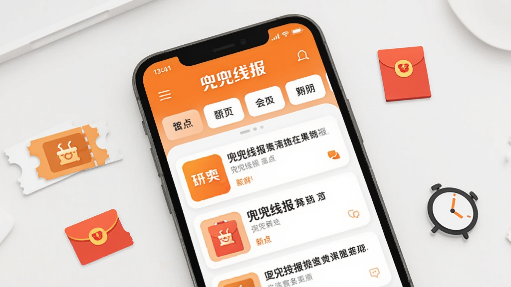 画面中央是一部智能手机,屏幕上显示着「兜兜线报」应用的首页界面,界面采用卡片式布局,上方是分类标签栏,下方是滚动更新的线报列表,整体配色以橙色和白色为主,背景是干净的浅灰色桌面,手机旁边散落着几个小图标代表优惠券、红包和时钟,整体风格简洁明快,扁平化设计,画质清晰,无多余元素