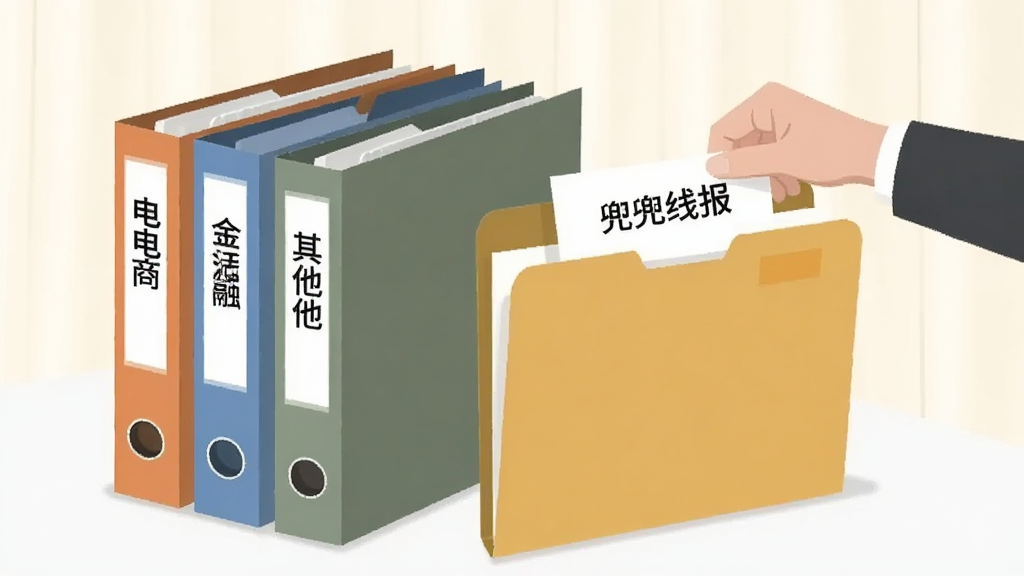 画面中是一个整洁的桌面,桌面上摆放着几个不同颜色的文件夹,文件夹上分别标注着「电商」「生活」「金融」「其他」等标签,一只手正在将一张写着「兜兜线报」的卡片放入对应的文件夹中,背景是柔和的米白色,风格为简约商务插画,画质清晰,无多余元素