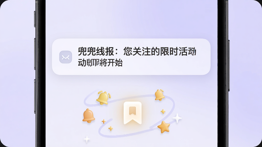 画面中心是一个手机屏幕,屏幕上弹出一条通知横幅,横幅上写着「兜兜线报:您关注的限时活动即将开始」,屏幕下方有一个书签图标被点亮,周围环绕着铃铛和星星的小图标,背景是淡紫色的渐变,风格清新柔和,画质清晰,无多余元素