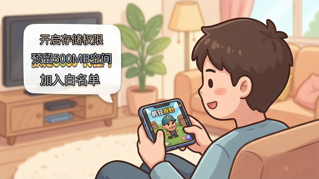 一位新手玩家坐在沙发上手持手机,手机屏幕显示疯狂原野人游戏界面,旁边有提示气泡写着“开启存储权限”“预留500MB空间”“加入白名单”,背景是温馨的家居环境,卡通插画风格,色彩柔和,细节清晰,画质干净,无多余元素