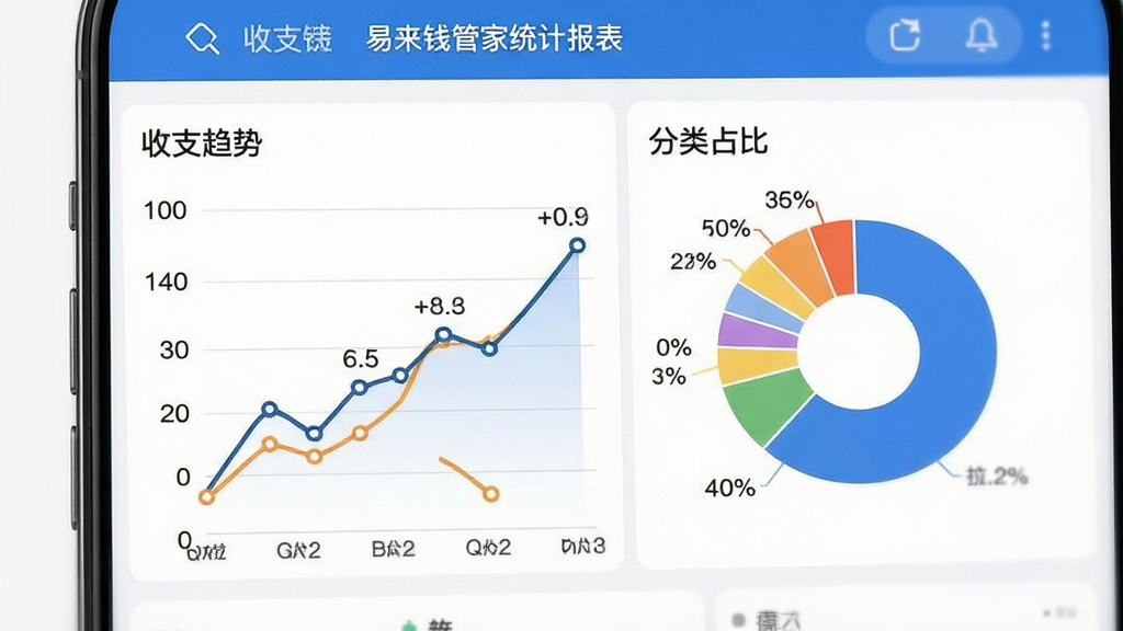 一张易来钱管家统计报表界面图,画面为手机屏幕展示折线图与饼图组合,标注「收支趋势」「分类占比」等文字,背景干净,风格商务,细节上突出图表线条与数据标签,画质清晰,无多余元素